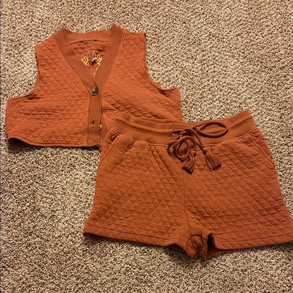 Rust Quilted Vest and Shorts Set